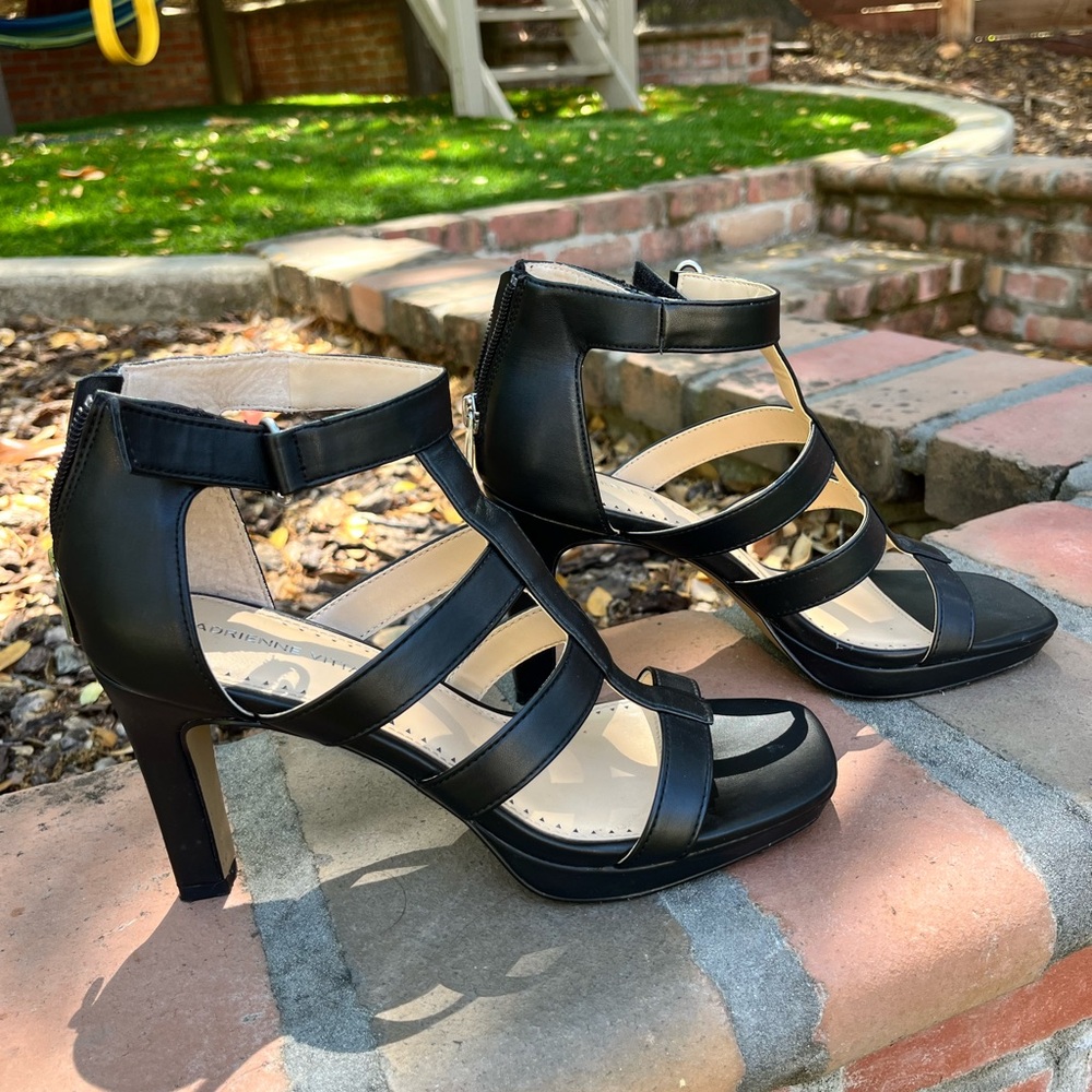 Adrienne Vittadini Black Strappy Heels with Adjustable Ankle Strap